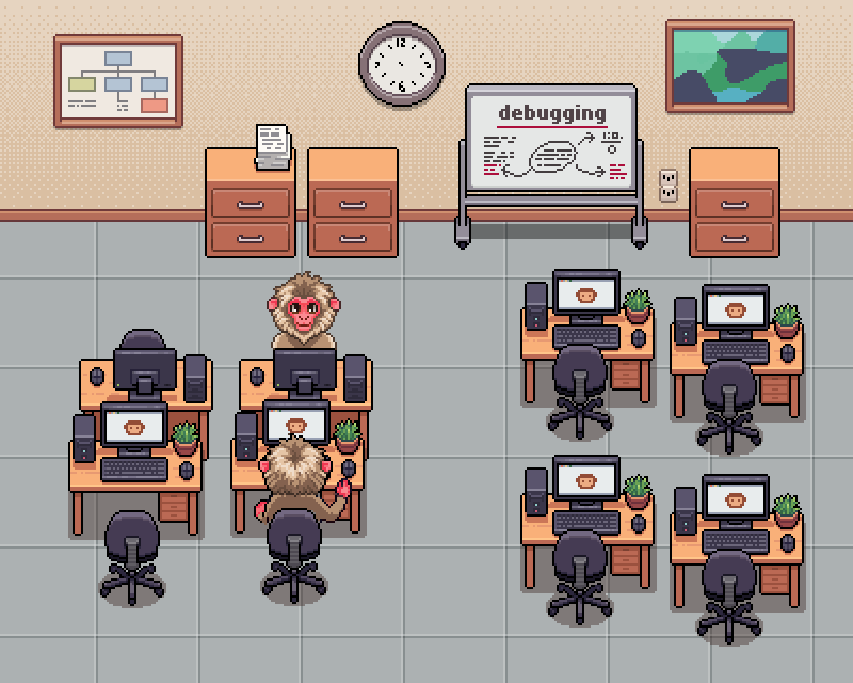 The Monkey Code world: a pixel art office where monkeys work at desks beside a whiteboard that reads debugging.