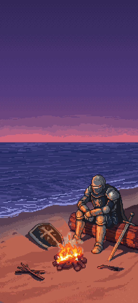 Journey's beach scene in pixel art: a knight sits by a campfire at dusk while waves roll in.